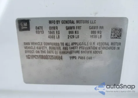 2013 Chevrolet Cruze 1Lt Auto z USA, uszkodzony, nr VIN 1G1PC5SB0D7250684